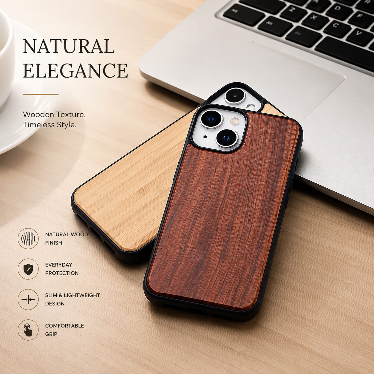 Premium Luxury iPhone Case MagSafe Compatible Solid Bamboo Wood Cover Hard Back Shockproof Camera Protection Slim Natural Design Finish