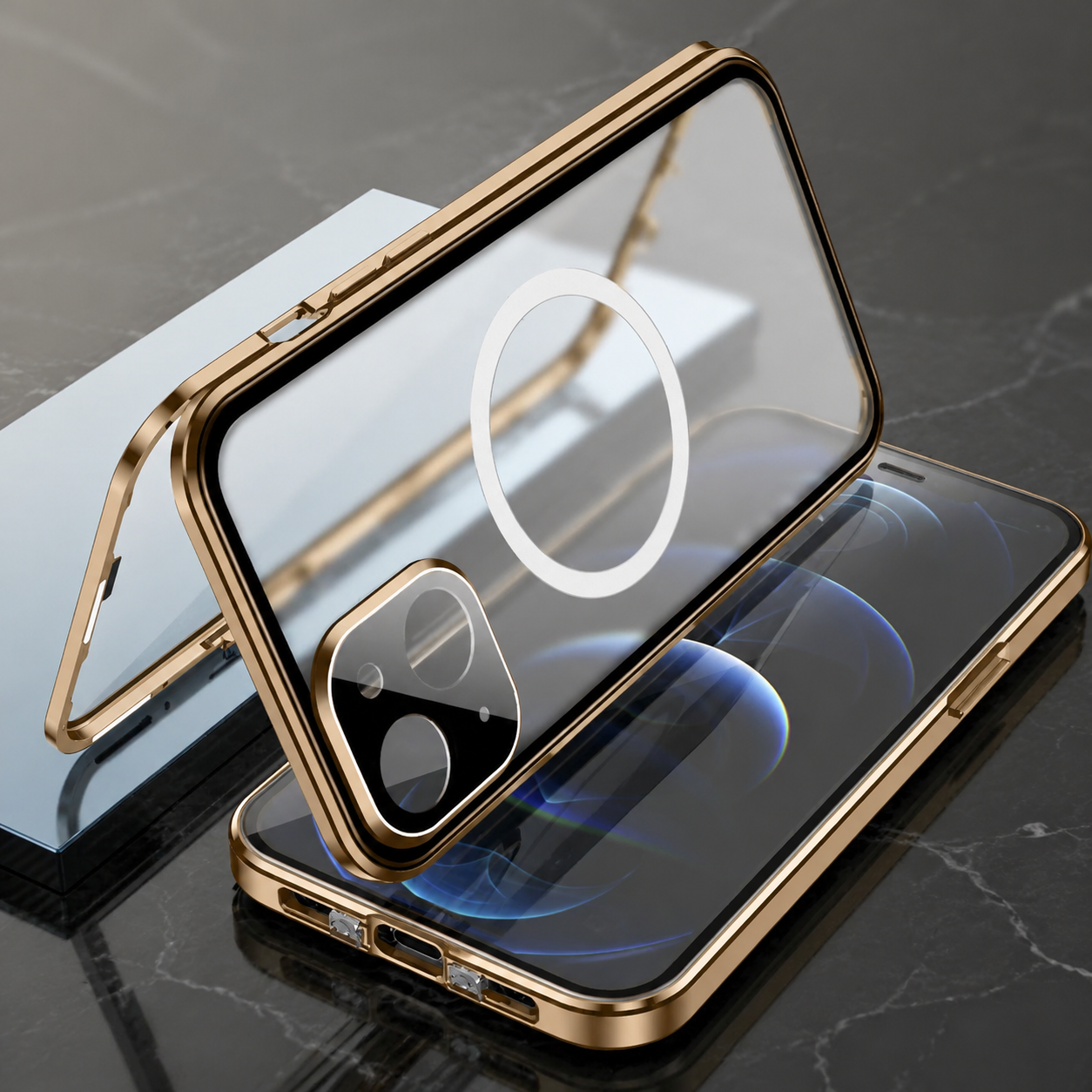 Premium Luxury iPhone Case MagSafe Compatible Transparent Aluminum Frame Tempered Glass Full Body Cover Shockproof Camera Protection Durable Design