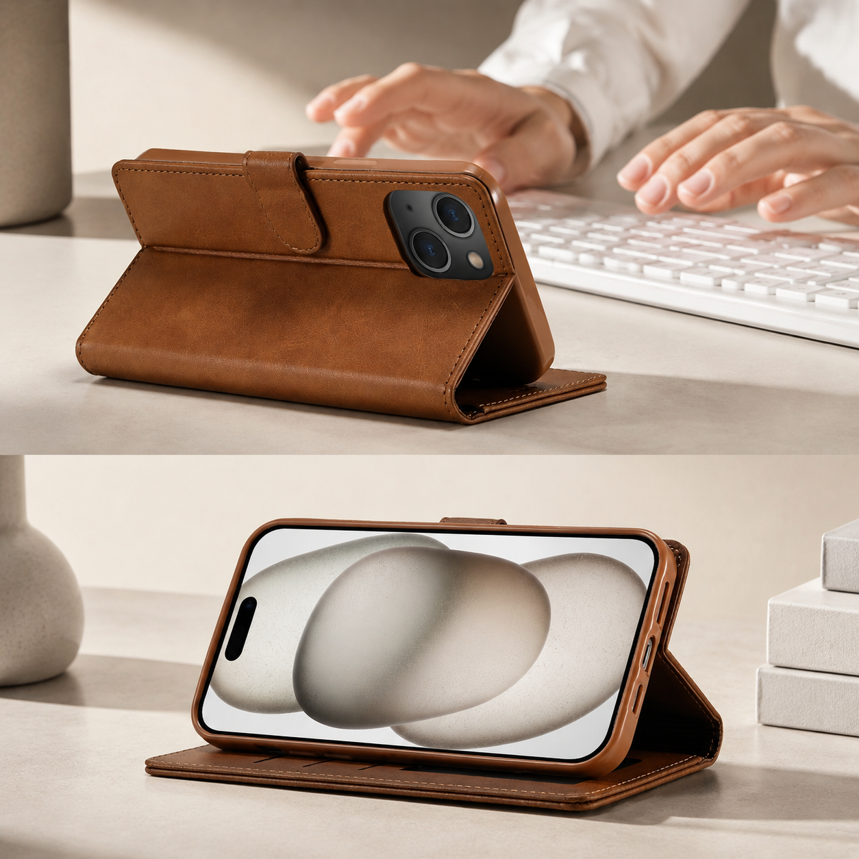 Premium Luxury iPhone Case PU Leather Wallet Flip Cover Card Slot Magnetic Closure Shockproof Full Body Protection Slim Elegant Design Finish