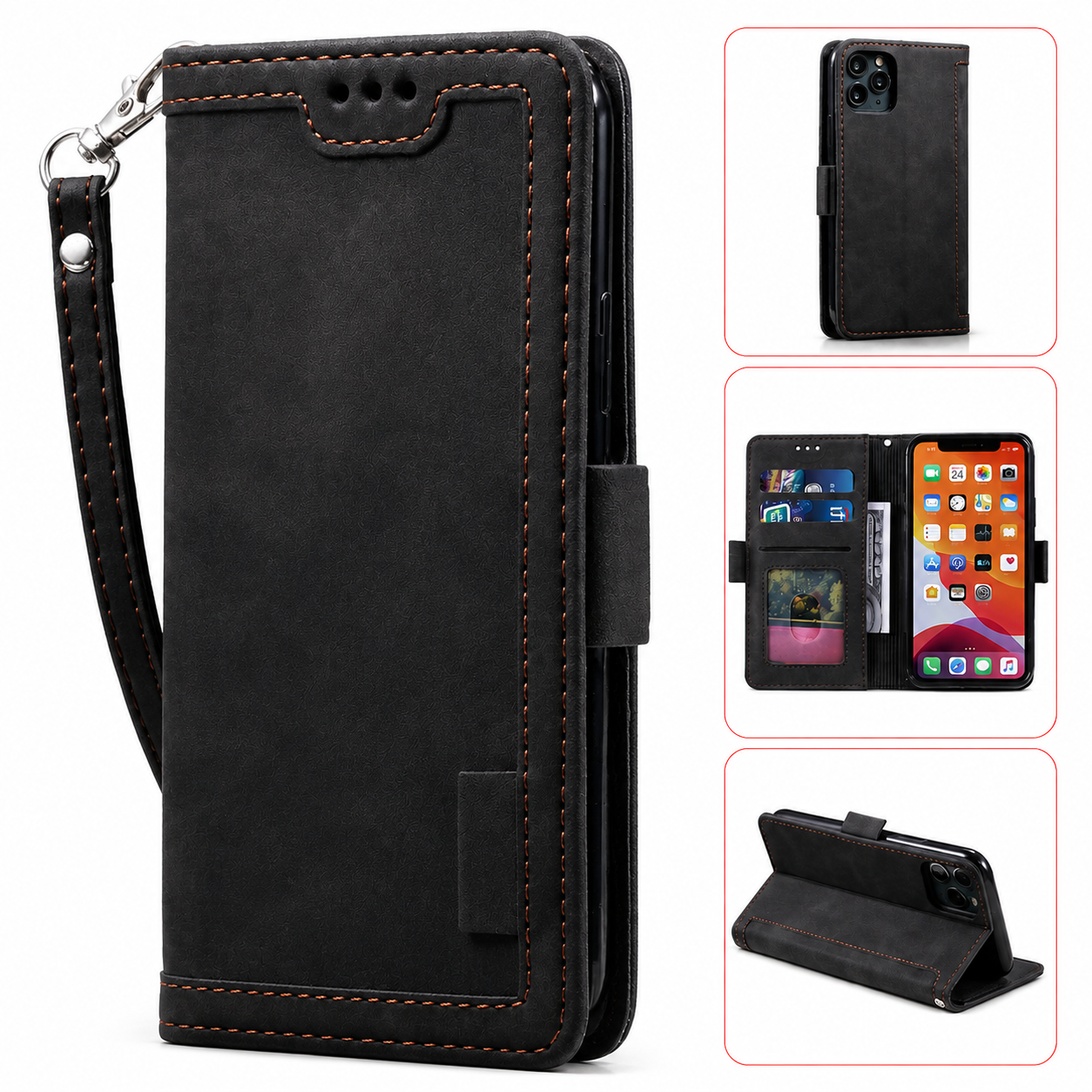 Premium Luxury iPhone Case PU Leather Wallet Flip Cover Card Slots Magnetic Closure Kickstand Shockproof Full Body Protection Slim Elegant Design Finish