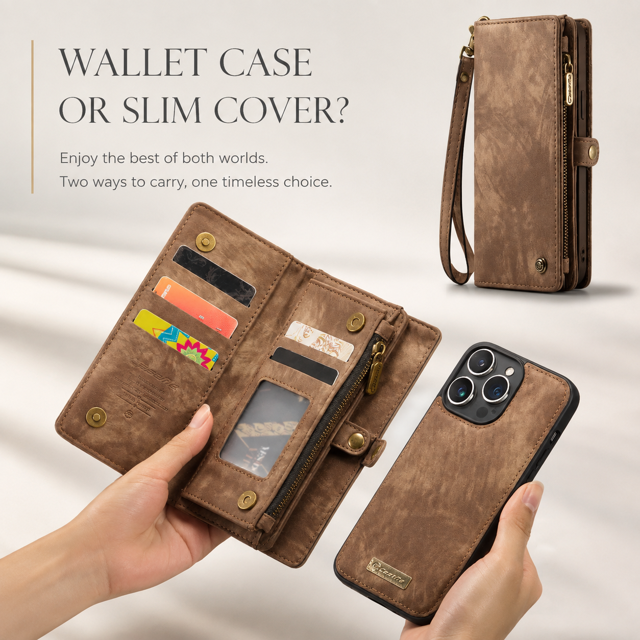 Premium Luxury iPhone Case Removable Magnetic Wallet Cover 8 Card Holder Metal Zipper Faux Leather Kickstand Lanyard Protective Durable Design