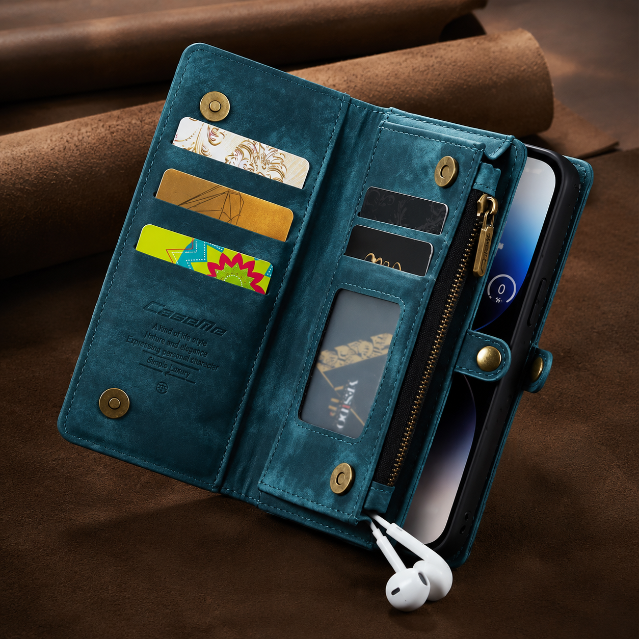 Premium Luxury iPhone Case Removable Magnetic Wallet Cover 8 Card Holder Metal Zipper Faux Leather Kickstand Lanyard Protective Durable Design