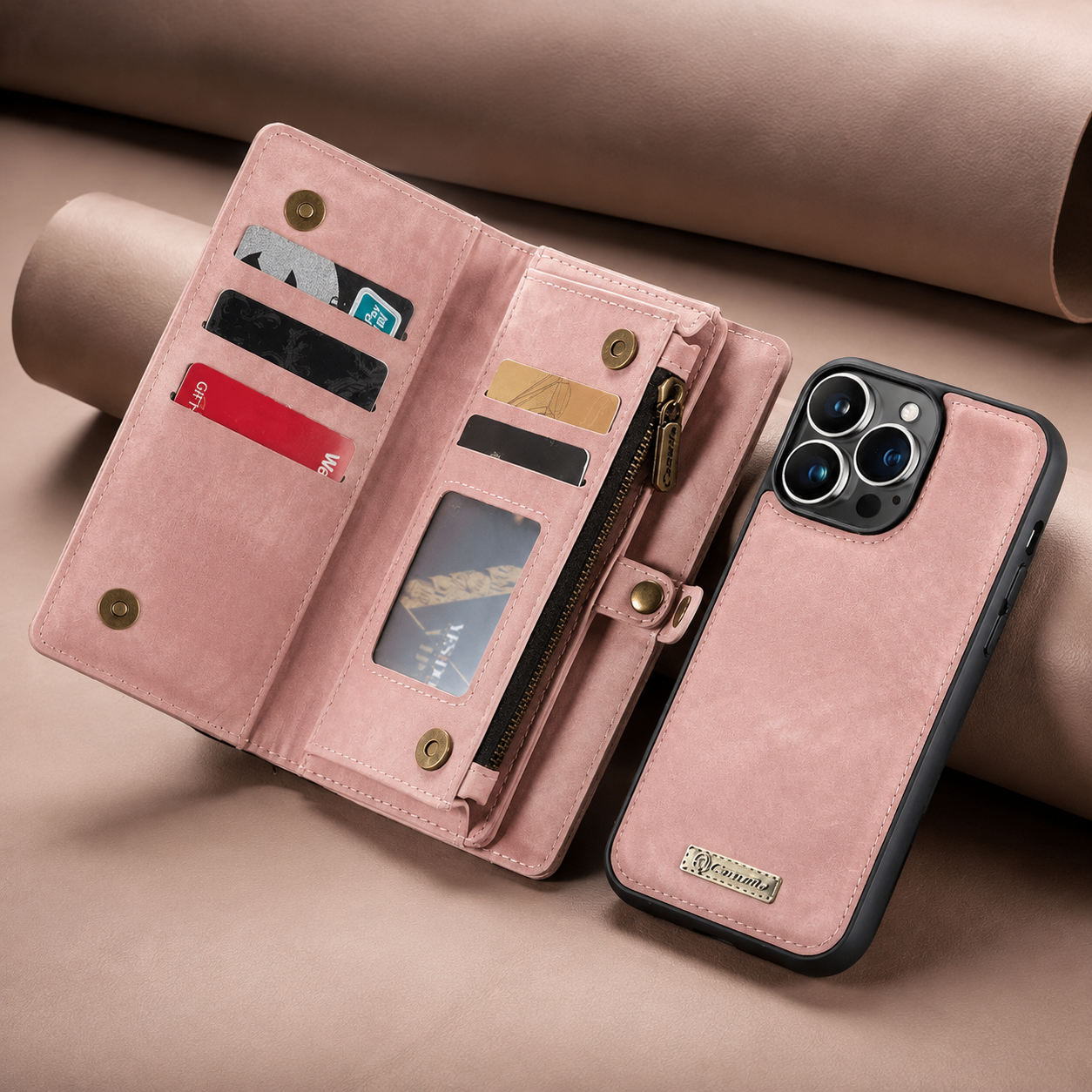 Premium Luxury iPhone Case Removable Magnetic Wallet Cover 8 Card Holder Metal Zipper Faux Leather Kickstand Lanyard Protective Durable Design