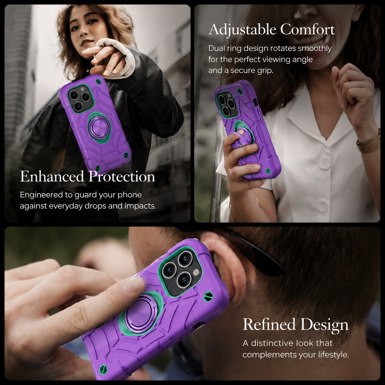 Premium Luxury iPhone Case Rugged Military Armor Cover Dual Layer Shockproof Kickstand Ring Holder Anti Slip Grip Full Protection Design Finish