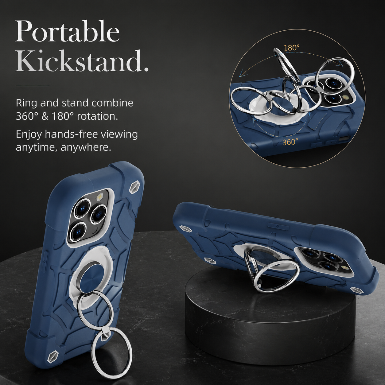 Premium Luxury iPhone Case Rugged Military Armor Cover Dual Layer Shockproof Kickstand Ring Holder Anti Slip Grip Full Protection Design Finish
