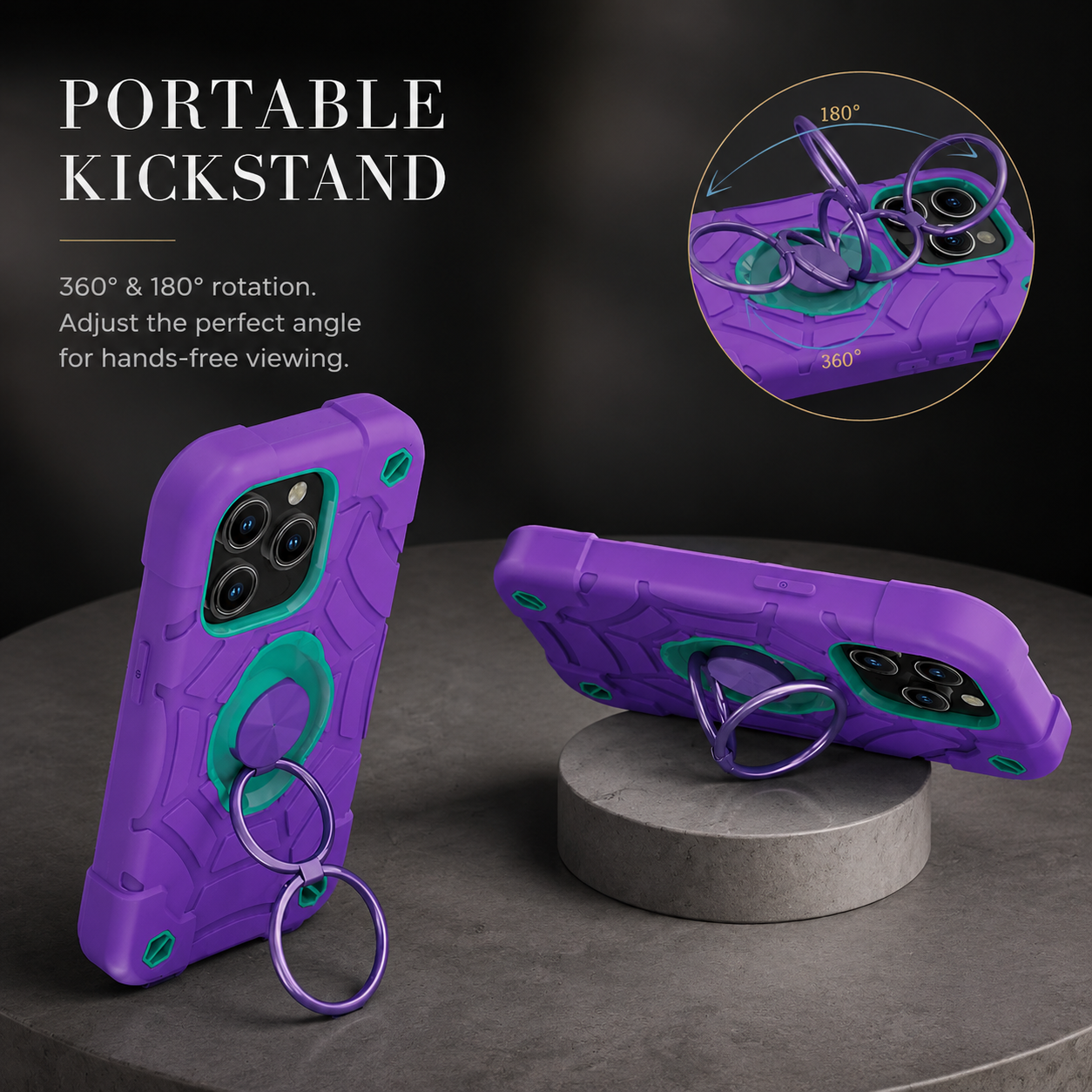 Premium Luxury iPhone Case Rugged Military Armor Cover Dual Layer Shockproof Kickstand Ring Holder Anti Slip Grip Full Protection Design Finish