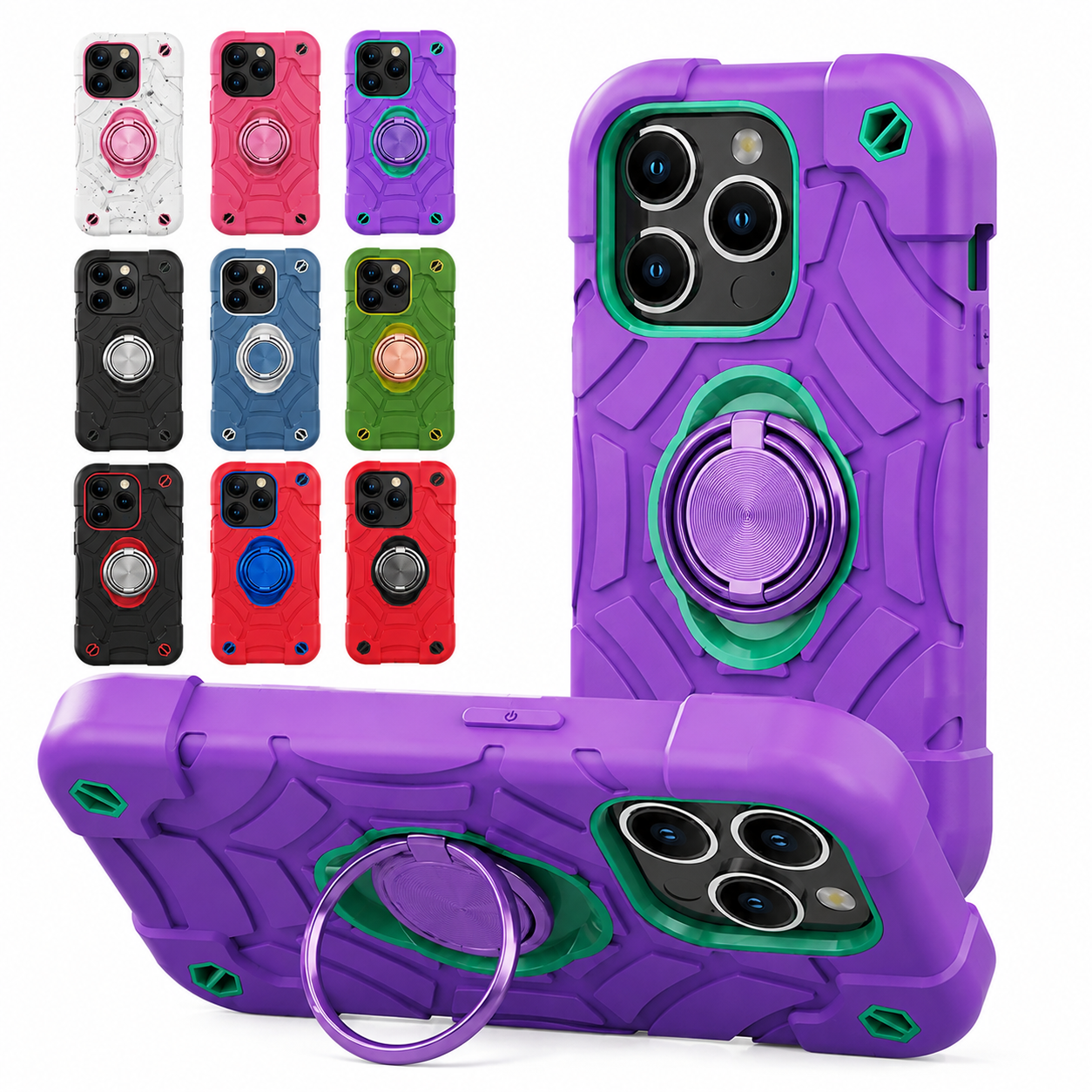 Premium Luxury iPhone Case Rugged Military Armor Cover Dual Layer Shockproof Kickstand Ring Holder Anti Slip Grip Full Protection Design Finish