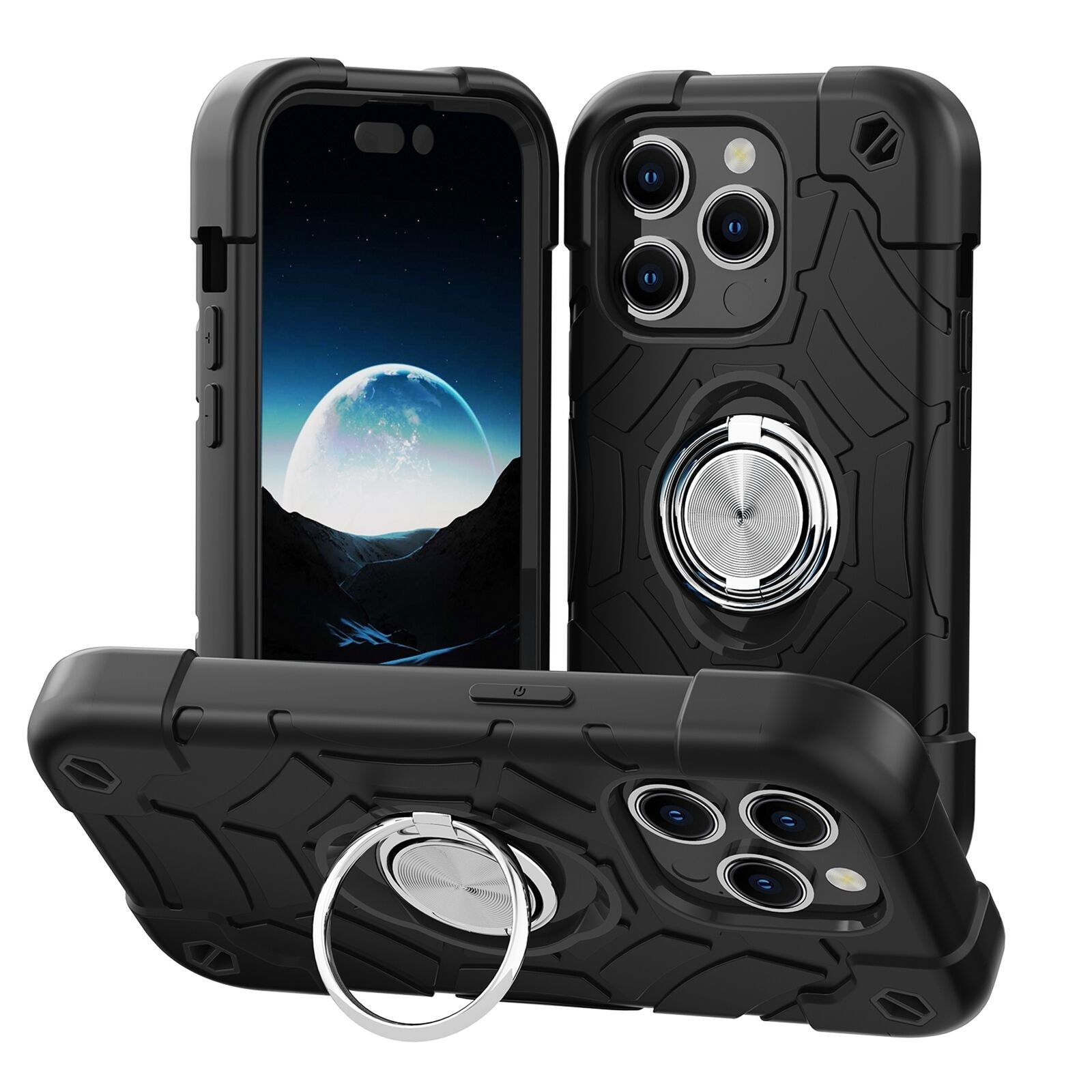Premium Luxury iPhone Case Rugged Military Armor Cover Dual Layer Shockproof Kickstand Ring Holder Anti Slip Grip Full Protection Design Finish