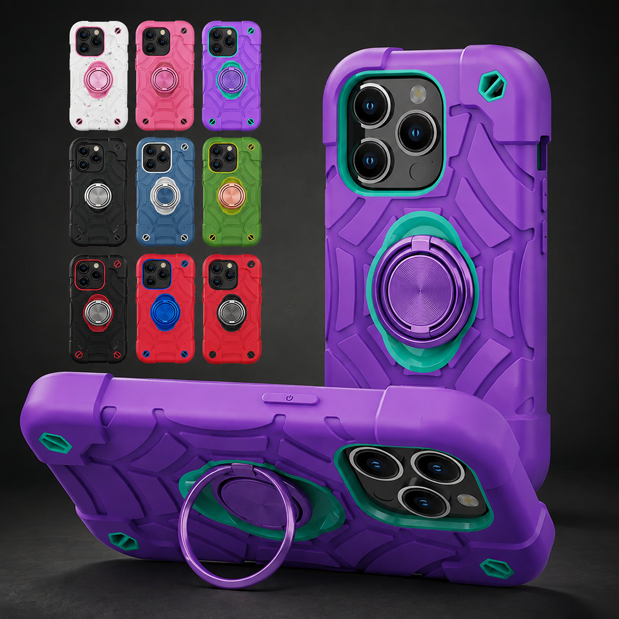 Premium Luxury iPhone Case Rugged Military Armor Cover Dual Layer Shockproof Kickstand Ring Holder Anti Slip Grip Full Protection Design Finish