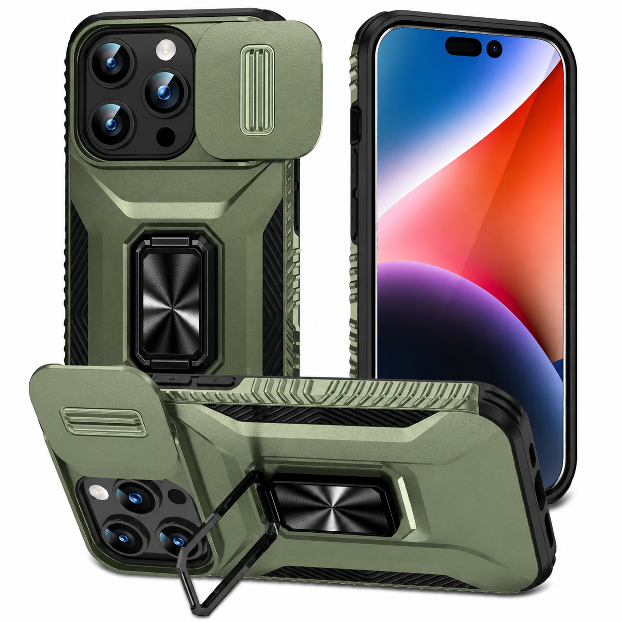 Premium Luxury iPhone Case Shockproof Cover Full Body Protection Sliding Camera Lens Guard Rotary Stand Anti Slip Grip Durable Design Finish