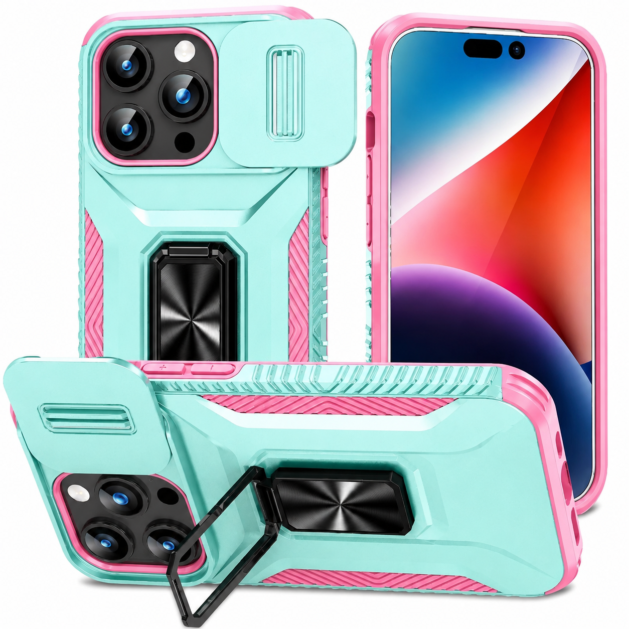 Premium Luxury iPhone Case Shockproof Cover Full Body Protection Sliding Camera Lens Guard Rotary Stand Anti Slip Grip Durable Design Finish