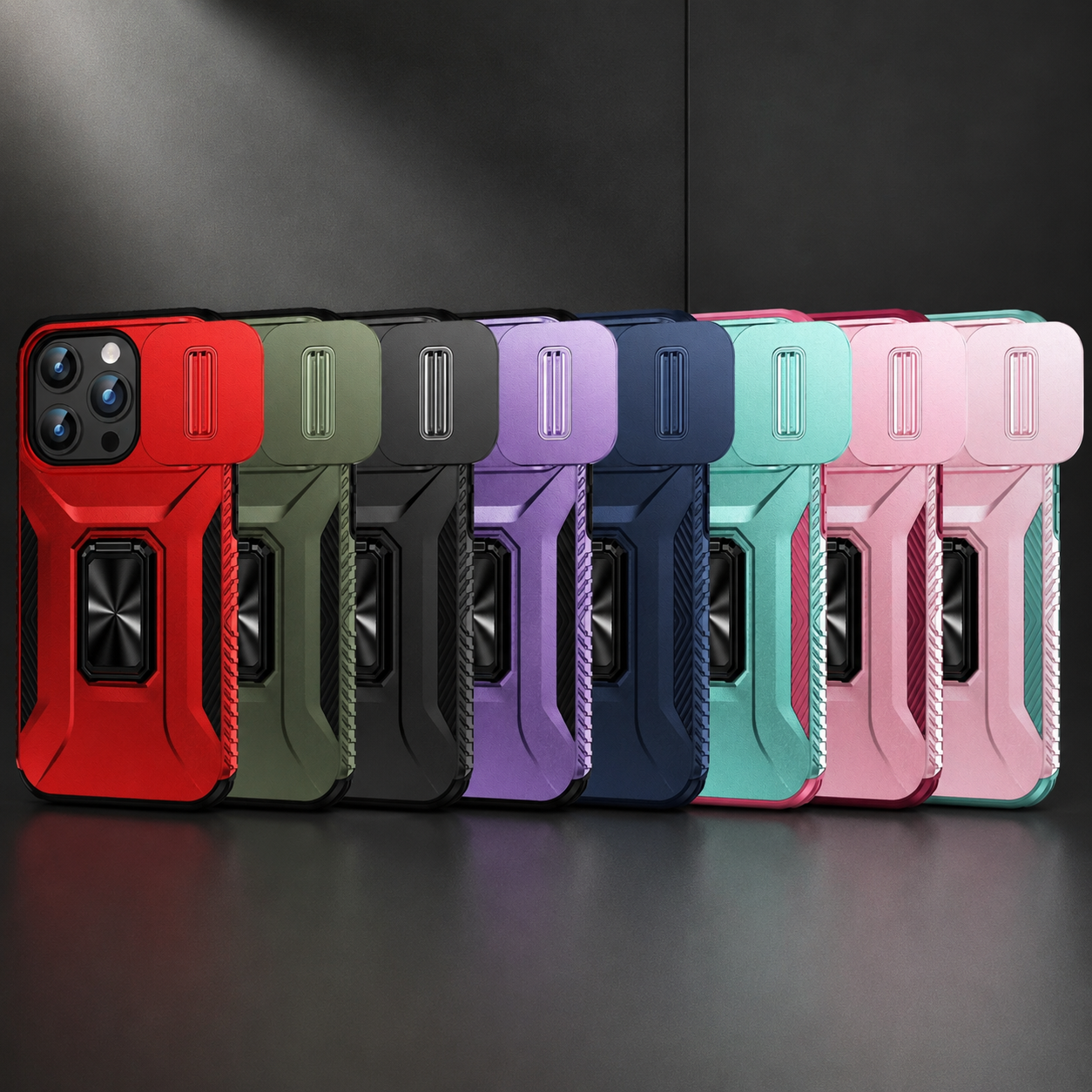 Premium Luxury iPhone Case Shockproof Cover Full Body Protection Sliding Camera Lens Guard Rotary Stand Anti Slip Grip Durable Design Finish