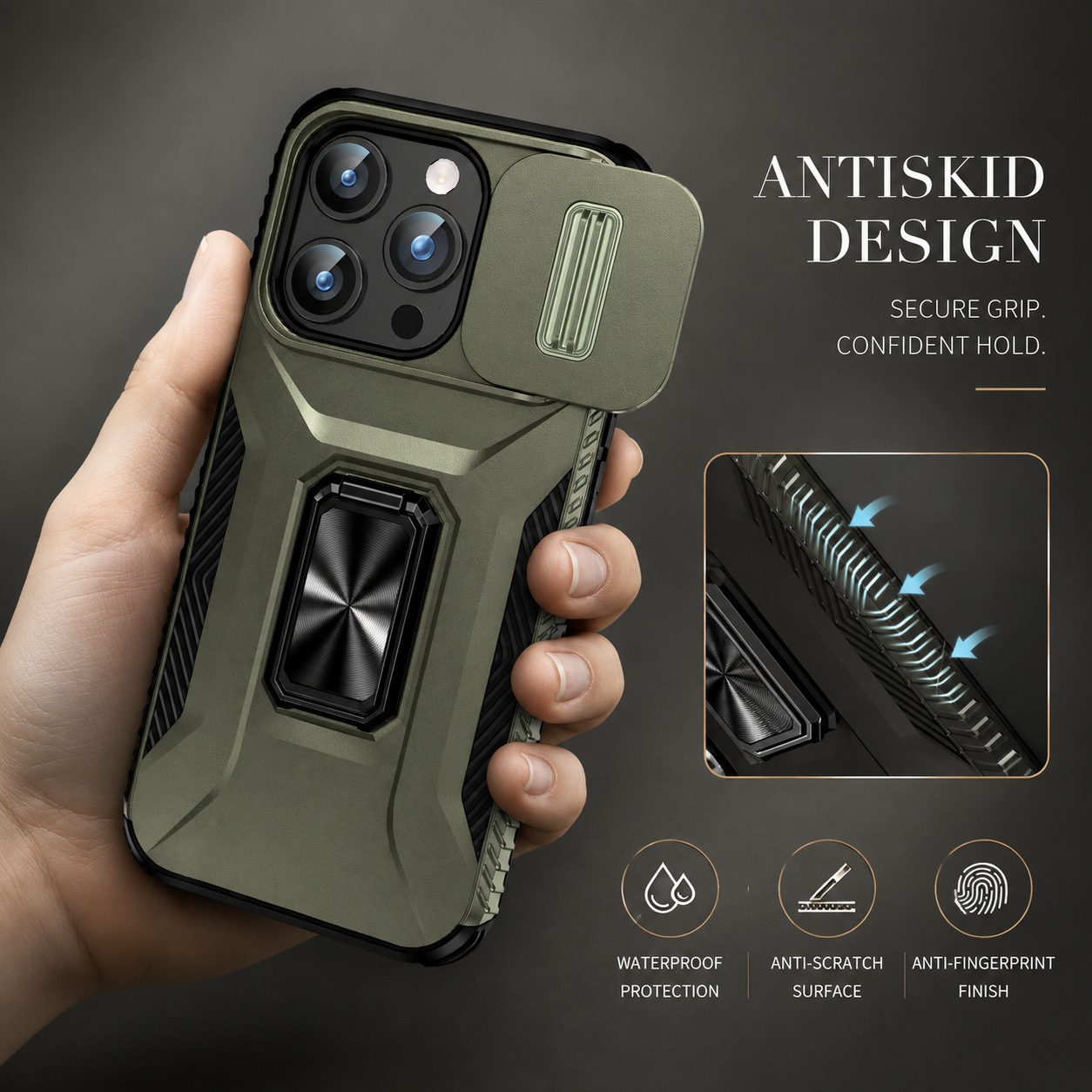 Premium Luxury iPhone Case Shockproof Cover Full Body Protection Sliding Camera Lens Guard Rotary Stand Anti Slip Grip Durable Design Finish