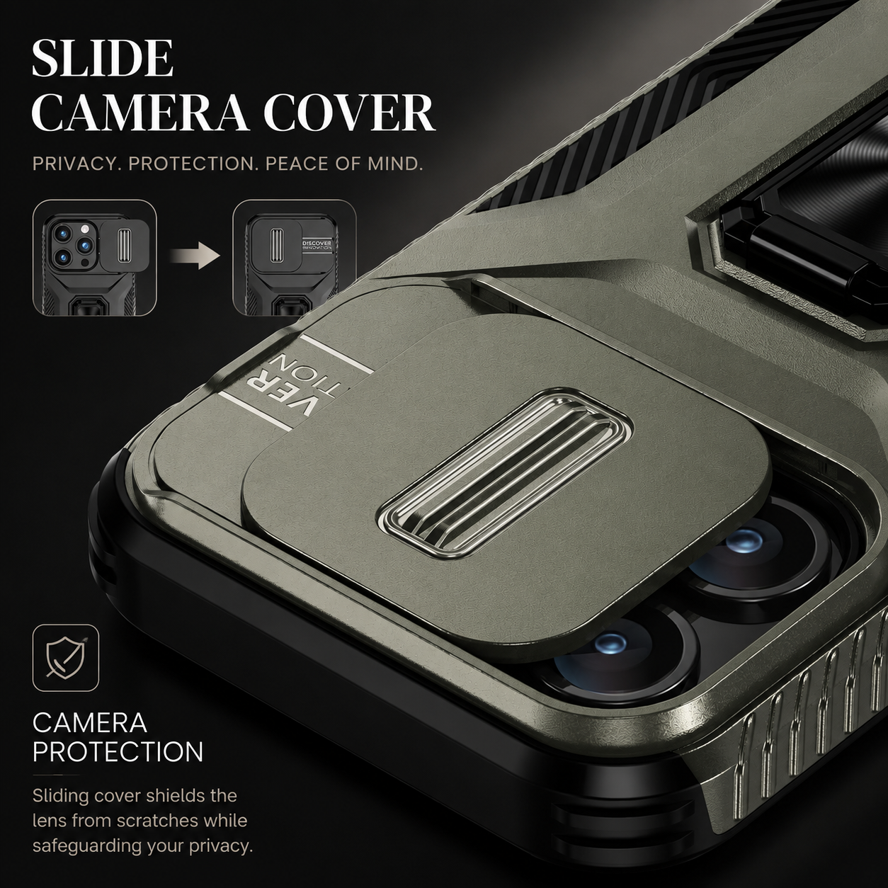 Premium Luxury iPhone Case Shockproof Cover Full Body Protection Sliding Camera Lens Guard Rotary Stand Anti Slip Grip Durable Design Finish