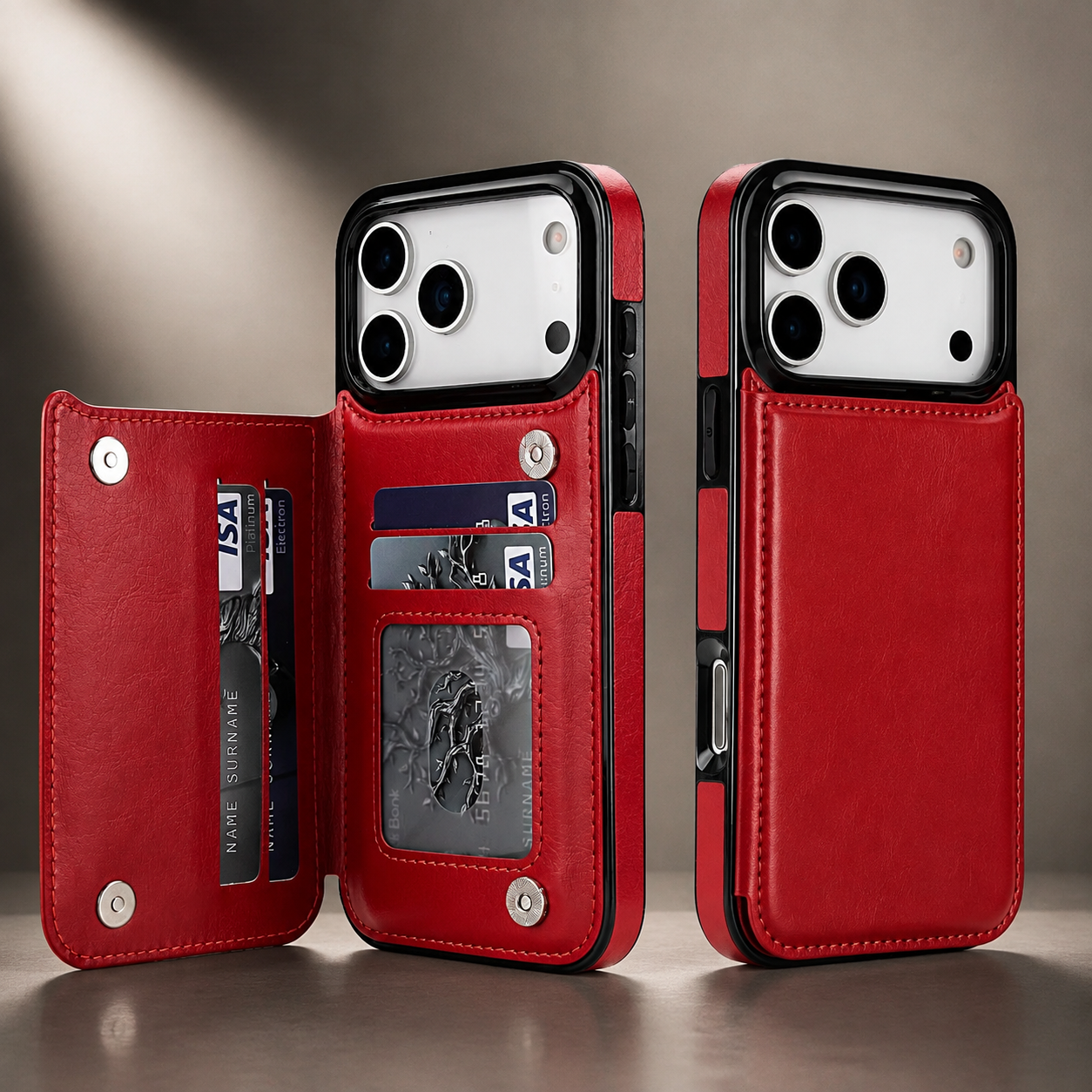 Premium Luxury iPhone Case Wallet Cover Card Holder Faux Leather Kickstand Double Magnetic Clasp Shockproof Soft Protective Durable Plain Design