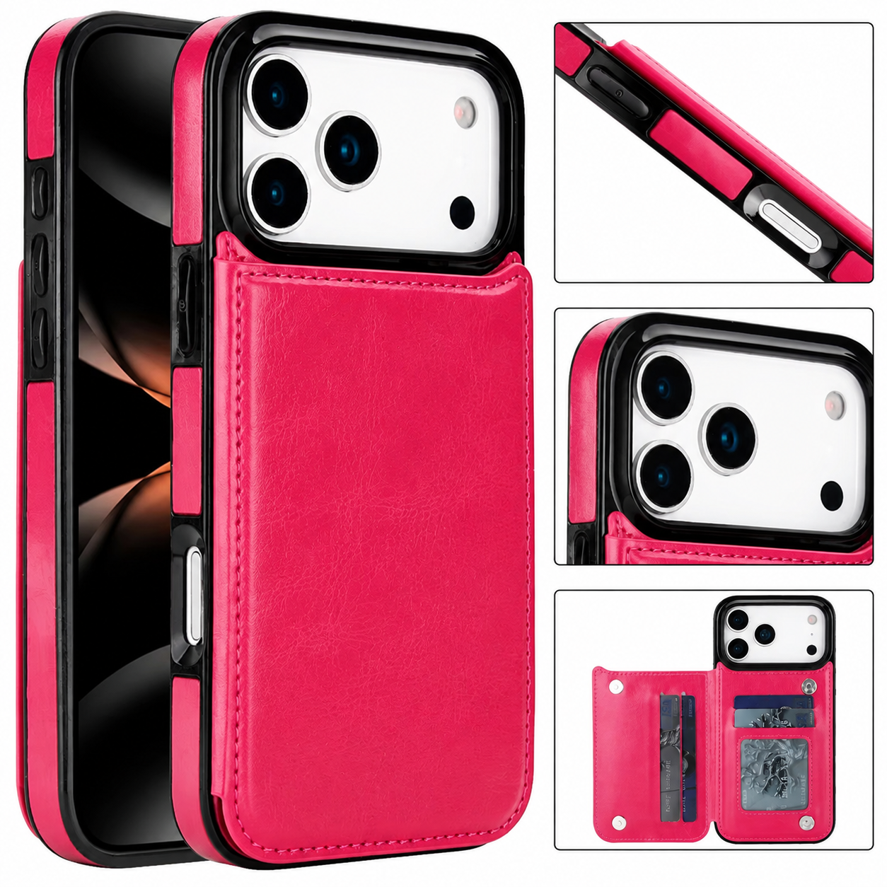 Premium Luxury iPhone Case Wallet Cover Card Holder Faux Leather Kickstand Double Magnetic Clasp Shockproof Soft Protective Durable Plain Design