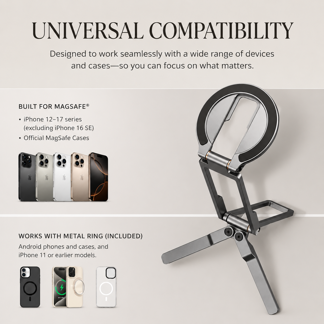 Premium MagSafe Magnetic Phone Tripod Stand Ultra Slim Pocket Phone Holder N52 Magnetic Grip 360 Adjustable Stand Compatible with iPhone