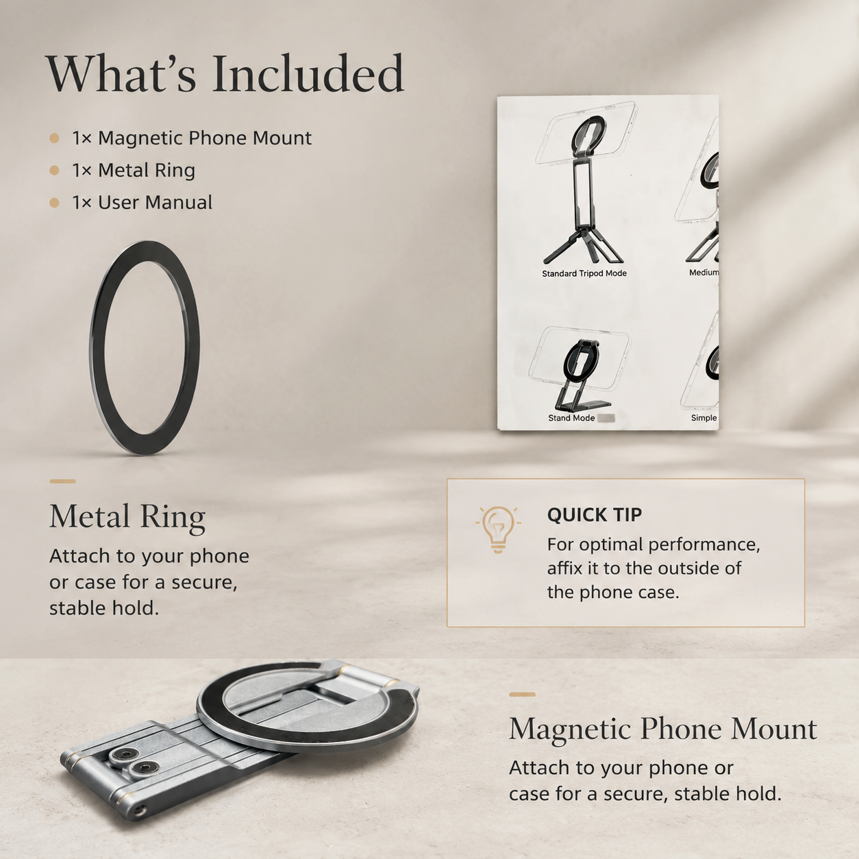 Premium MagSafe Magnetic Phone Tripod Stand Ultra Slim Pocket Phone Holder N52 Magnetic Grip 360 Adjustable Stand Compatible with iPhone