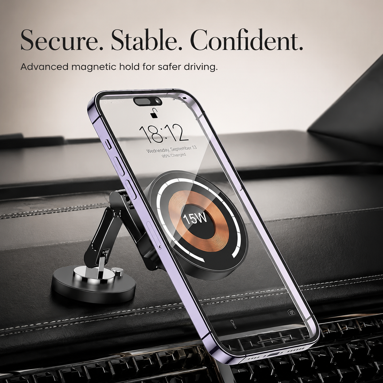 Premium Magnetic Car Wireless Charger Mount 15W Fast Charging Foldable Metal Phone Holder 360° Rotation Air Vent Stand Compatible with iPhone