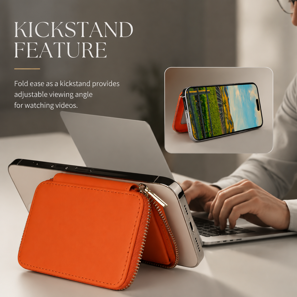 Premium Magnetic Leather Wallet MagSafe Card Holder RFID Blocking Slim Wallet Case Card Storage Lanyard Support Compatible with iPhone