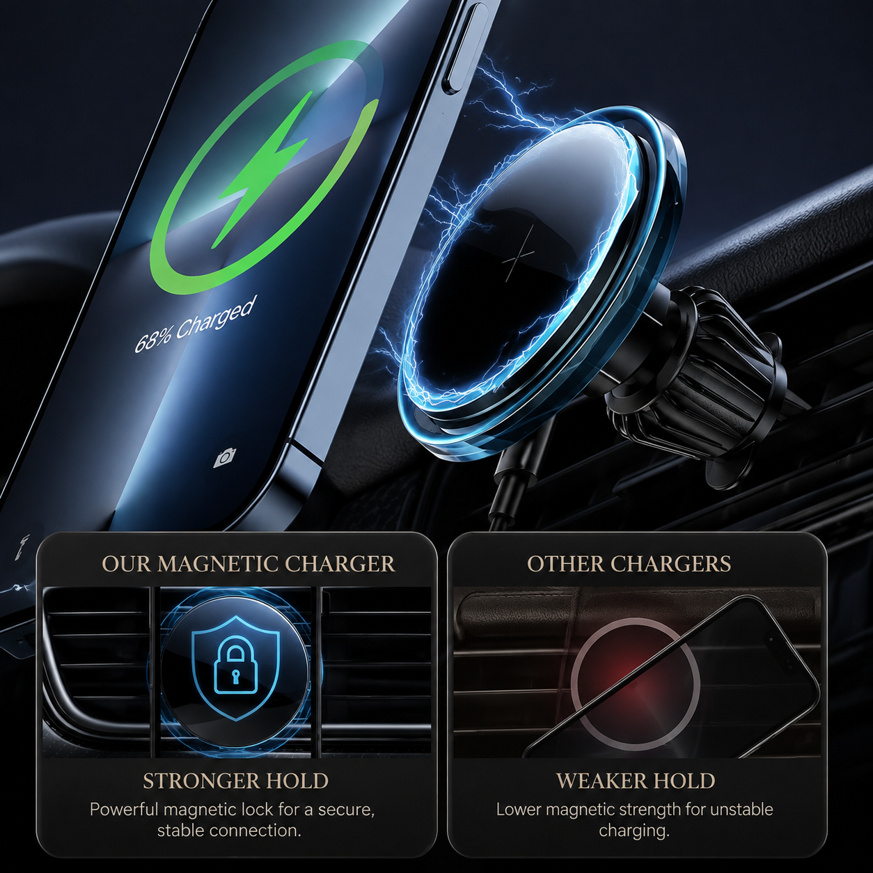 Premium Magnetic Wireless Car Phone Holder Fast Wireless Charging Car Mount 360° Rotating Dashboard Air Vent Mount MagSafe Compatible Compatible with iPhone