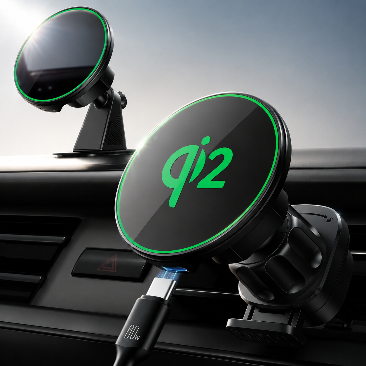 Premium Magnetic Wireless Car Phone Holder Fast Wireless Charging Car Mount 360° Rotating Dashboard Air Vent Mount MagSafe Compatible Compatible with iPhone