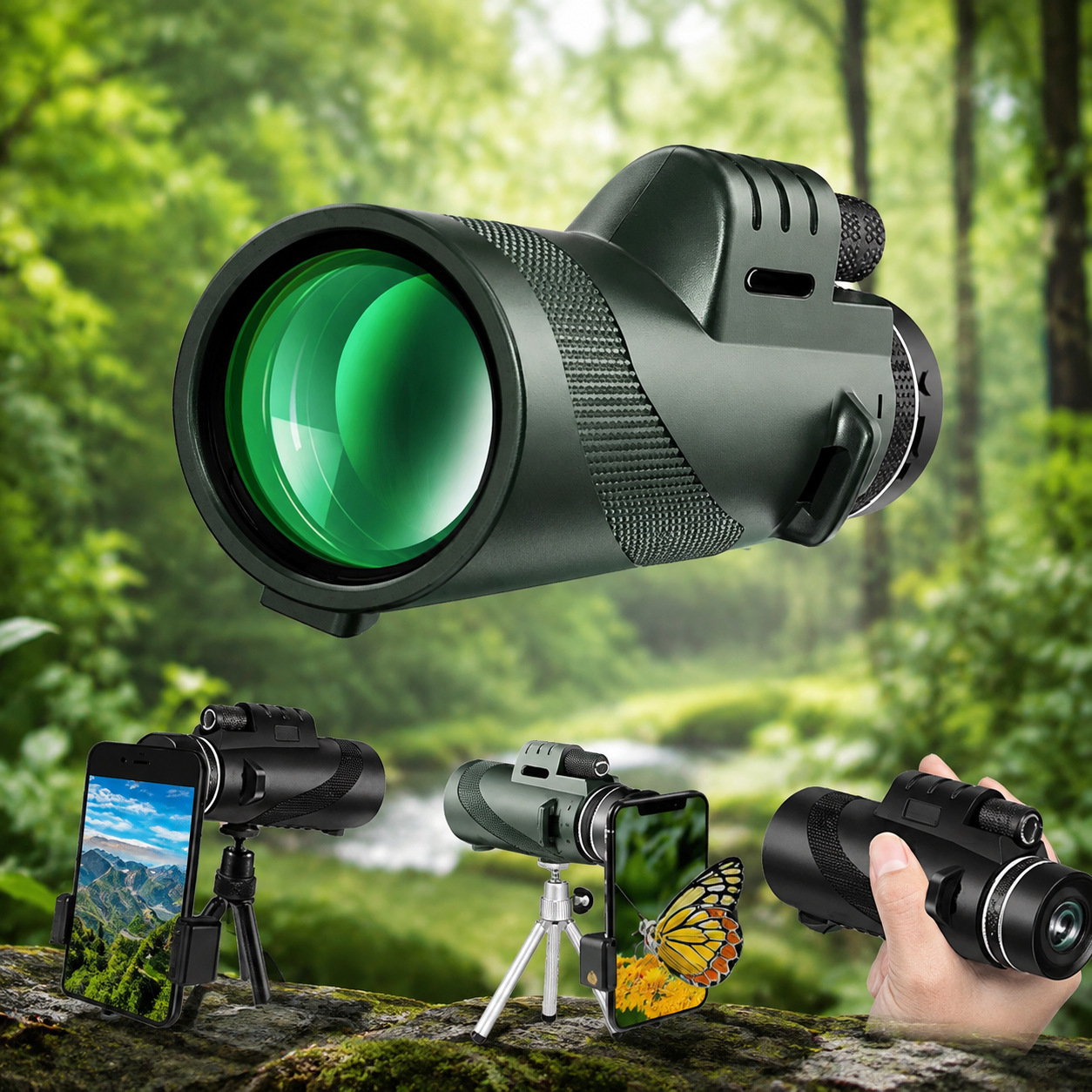 Premium Portable Zoom HD Monocular Telescope 80x100 Long Range High Power Scope FMC BAK4 Optics Phone Tripod Outdoor Travel Hunting Compatible with iPhone