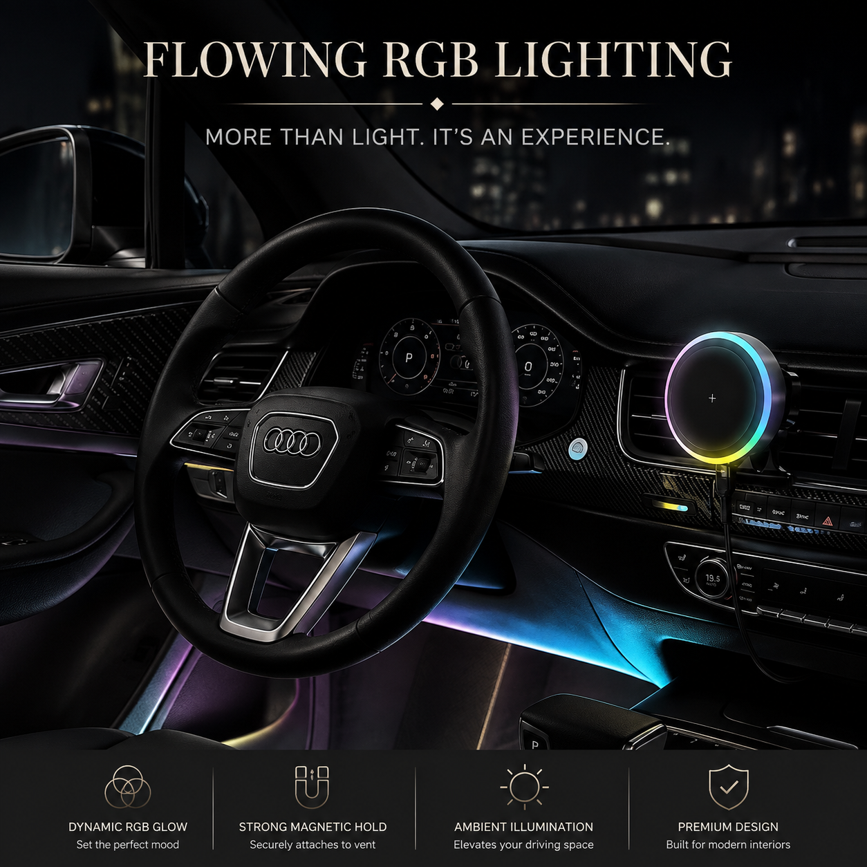 Premium RGB Magnetic Wireless Car Phone Holder 15W Qi Fast Wireless Charging Car Mount 360° Rotating Dashboard Air Vent Mount Compatible with iPhone