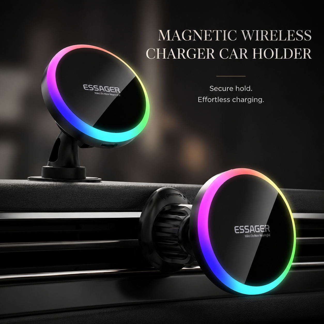 Premium RGB Magnetic Wireless Car Phone Holder 15W Qi Fast Wireless Charging Car Mount 360° Rotating Dashboard Air Vent Mount Compatible with iPhone