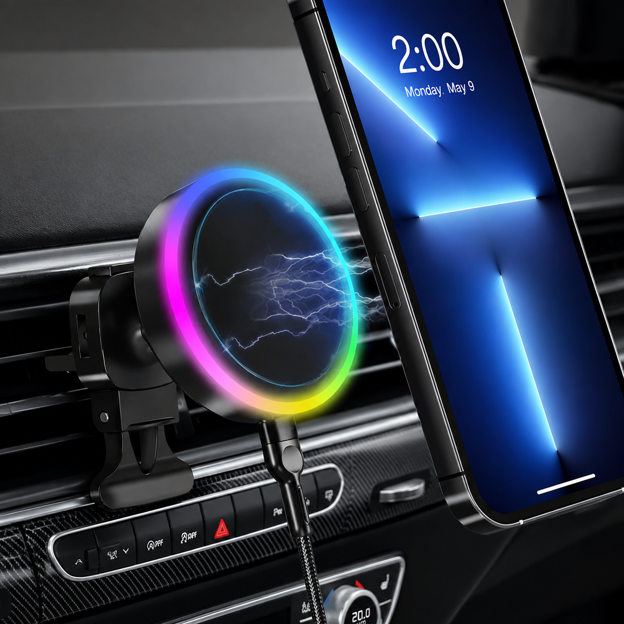 Premium RGB Magnetic Wireless Car Phone Holder 15W Qi Fast Wireless Charging Car Mount 360° Rotating Dashboard Air Vent Mount Compatible with iPhone