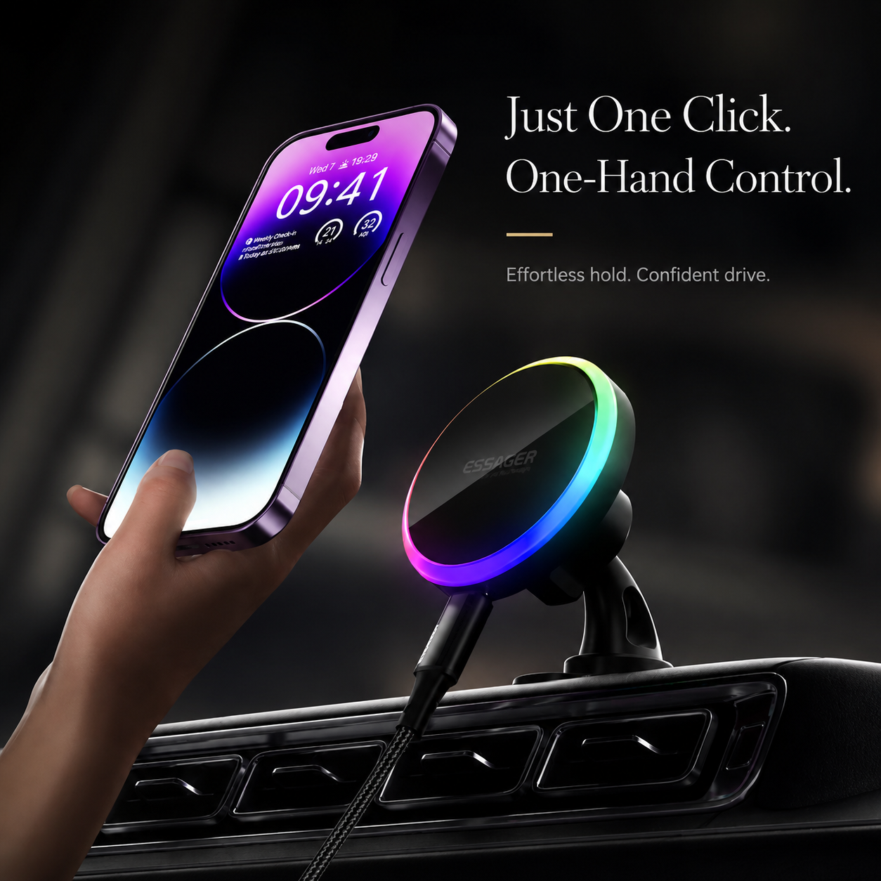 Premium RGB Magnetic Wireless Car Phone Holder 15W Qi Fast Wireless Charging Car Mount 360° Rotating Dashboard Air Vent Mount Compatible with iPhone