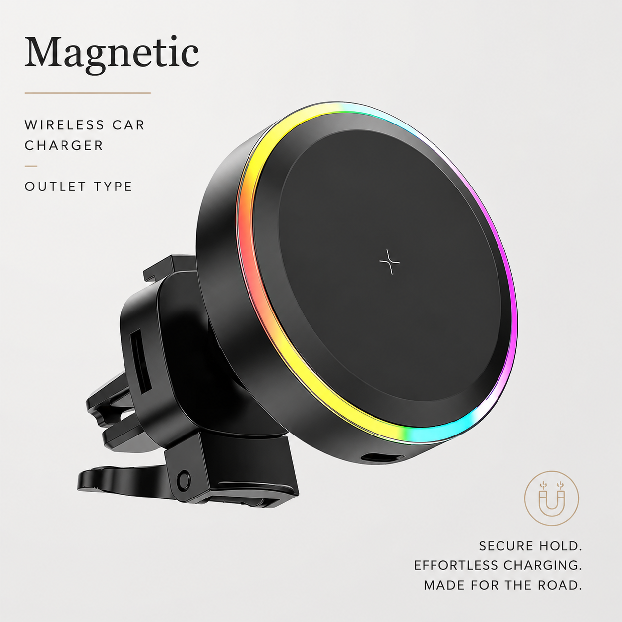 Premium RGB Magnetic Wireless Car Phone Holder 15W Qi Fast Wireless Charging Car Mount 360° Rotating Dashboard Air Vent Mount Compatible with iPhone