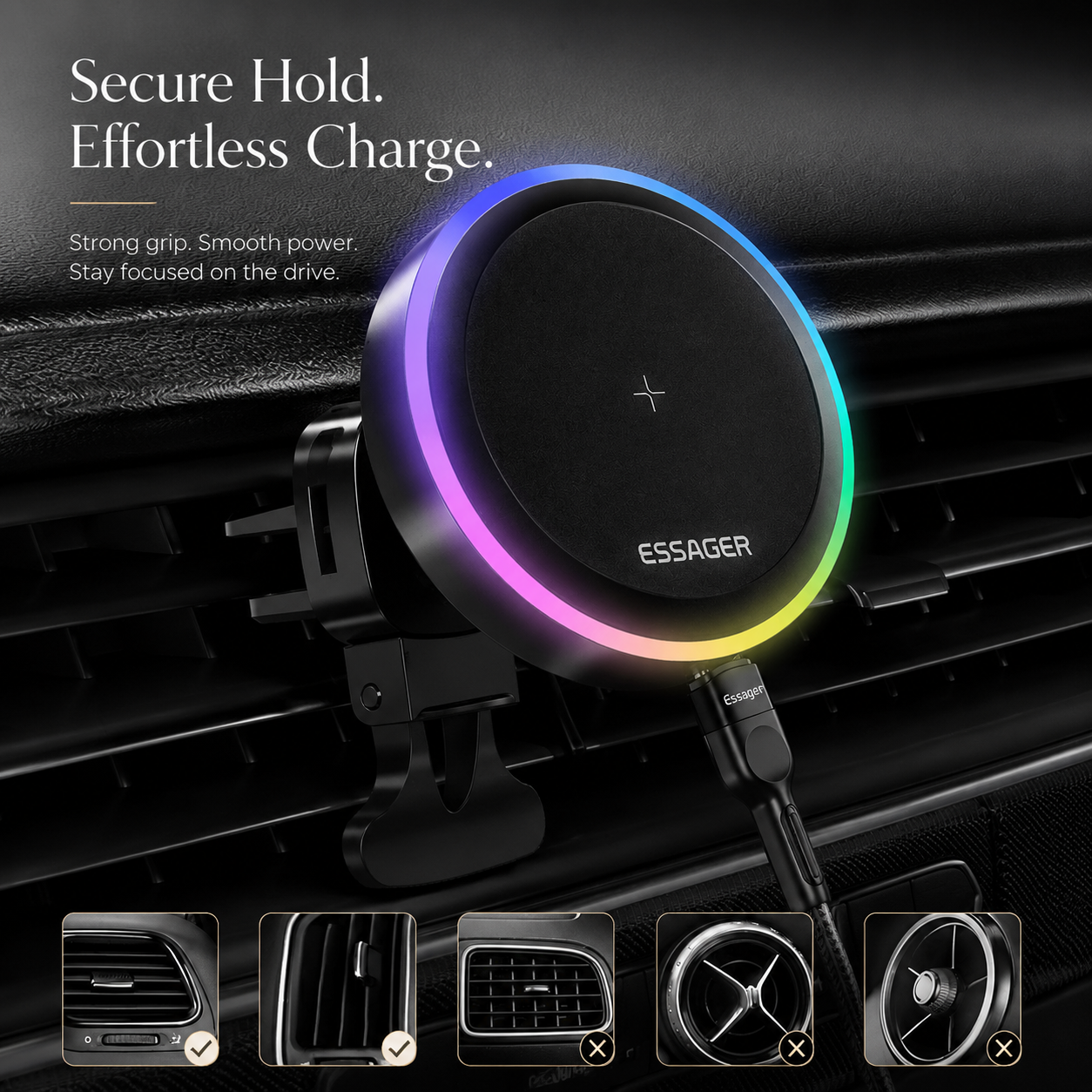 Premium RGB Magnetic Wireless Car Phone Holder 15W Qi Fast Wireless Charging Car Mount 360° Rotating Dashboard Air Vent Mount Compatible with iPhone