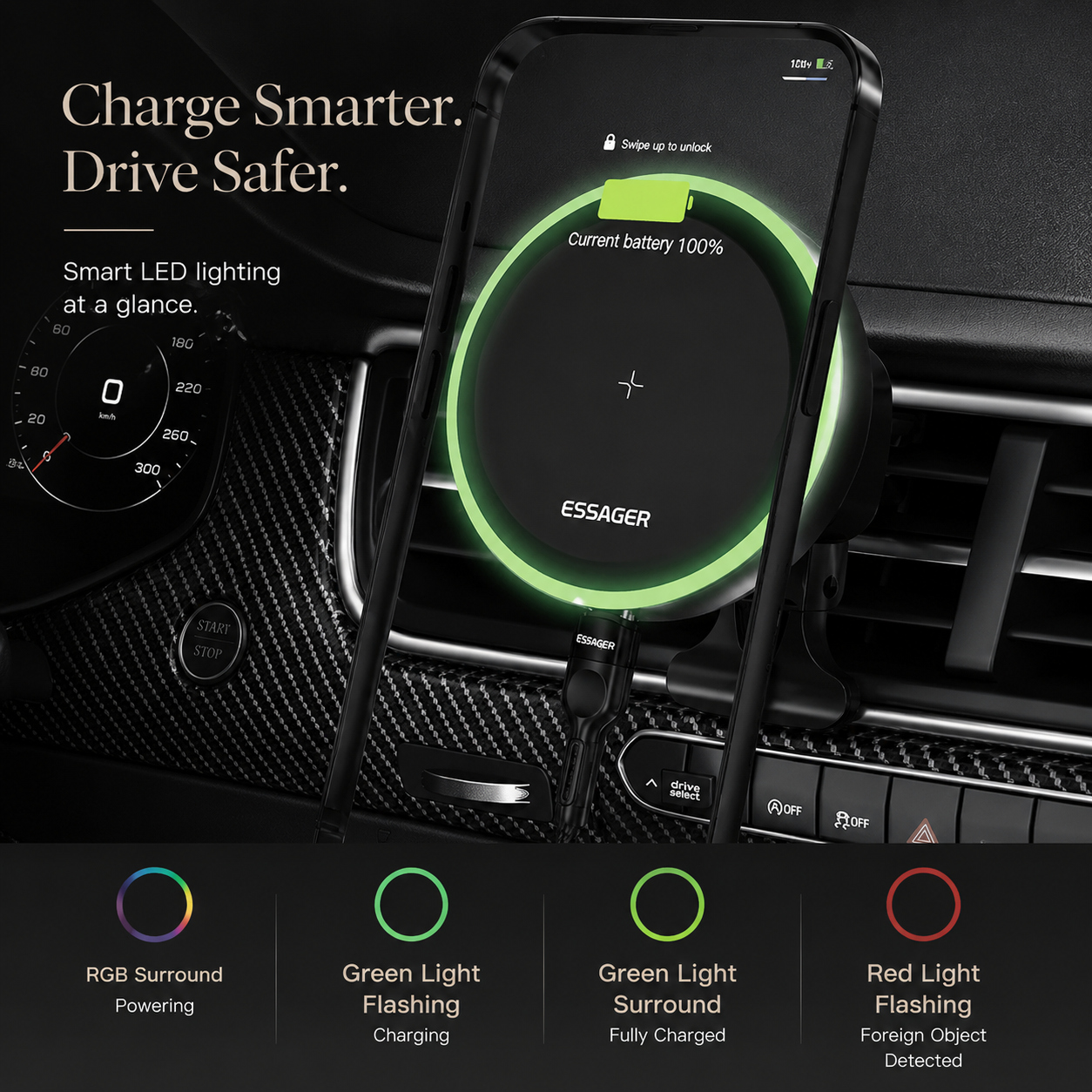 Premium RGB Magnetic Wireless Car Phone Holder 15W Qi Fast Wireless Charging Car Mount 360° Rotating Dashboard Air Vent Mount Compatible with iPhone