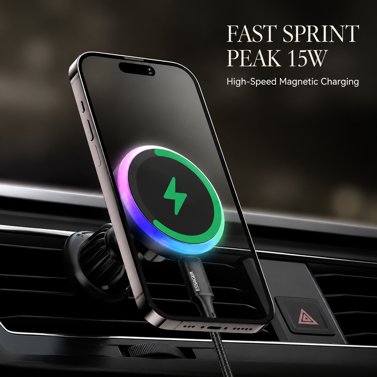 Premium RGB Magnetic Wireless Car Phone Holder 15W Qi Fast Wireless Charging Car Mount 360° Rotating Dashboard Air Vent Mount Compatible with iPhone