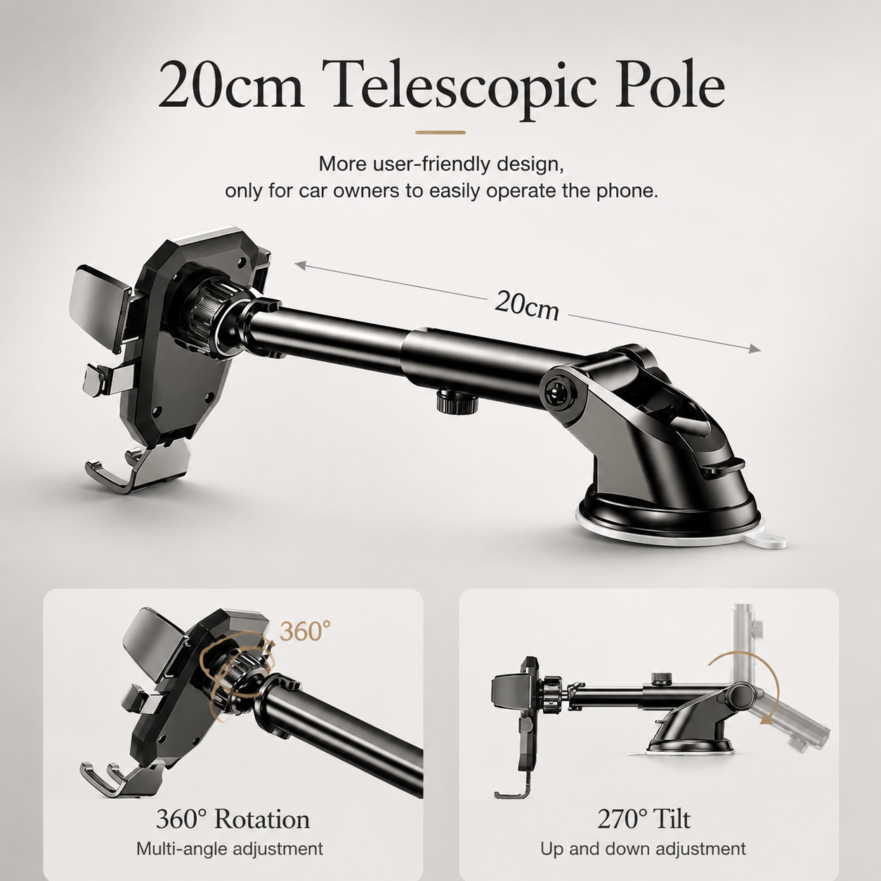 Premium Suction Cup Car Phone Holder Windshield Dashboard Phone Mount 360° Rotating Adjustable Gravity Lock Hands-Free GPS Car Stand Compatible with iPhone