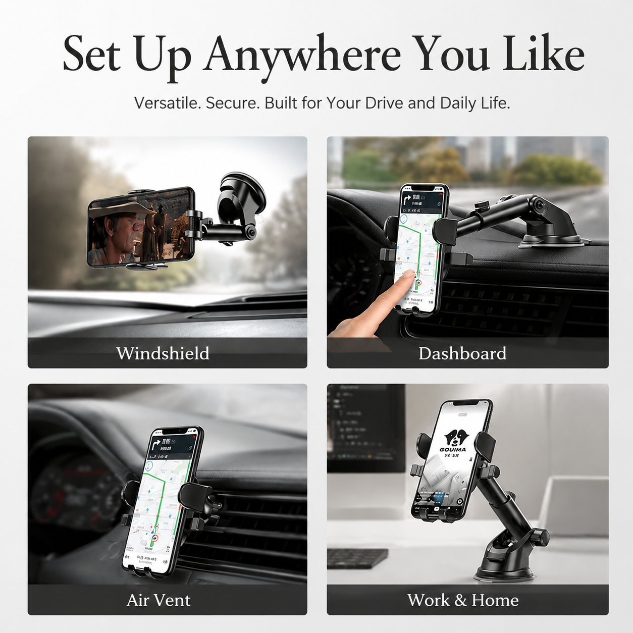 Premium Suction Cup Car Phone Holder Windshield Dashboard Phone Mount 360° Rotating Adjustable Gravity Lock Hands-Free GPS Car Stand Compatible with iPhone