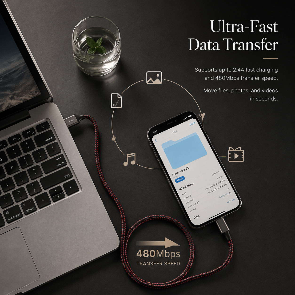 Premium USB A to Lightning Charging Cable 12W Fast Charging 2.4A MFi Certified Nylon Braided Data Sync Charger Cord Tangle Resistant Compatible with iPhone