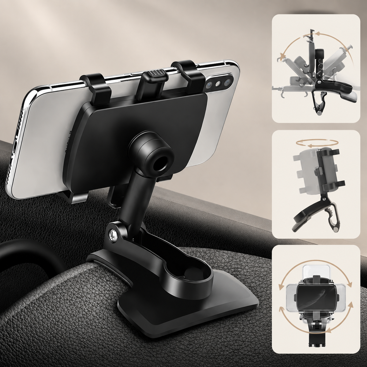 Premium Universal Car Phone Holder Mount 3-in-1 Dashboard Rearview Mirror Sun Visor Stand 360° Rotation Anti-Slip Compatible with iPhone