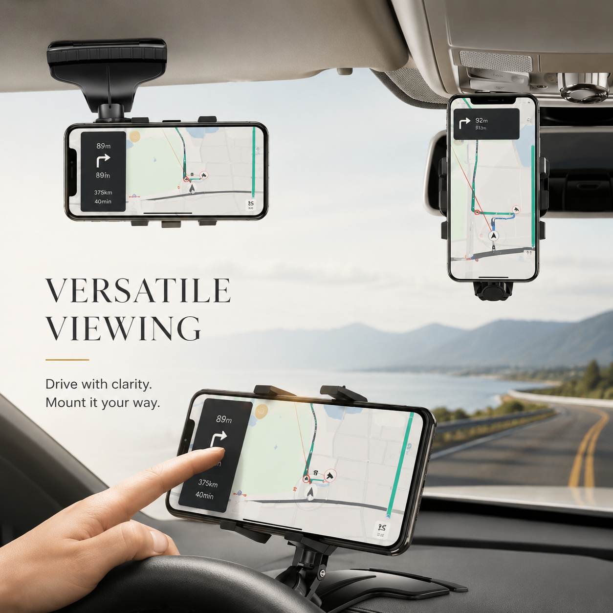Premium Universal Car Phone Holder Mount 3-in-1 Dashboard Rearview Mirror Sun Visor Stand 360° Rotation Anti-Slip Compatible with iPhone