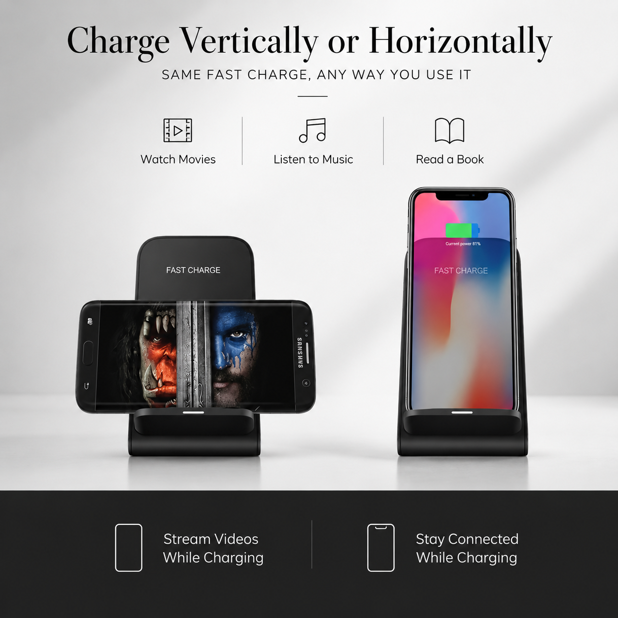 Premium Wireless Charger Stand Fast Qi Wireless Charging Dock Dual Coil USB Type C Fast Charging Anti Slip Safe Charging Vertical Horizontal Compatible with iPhone