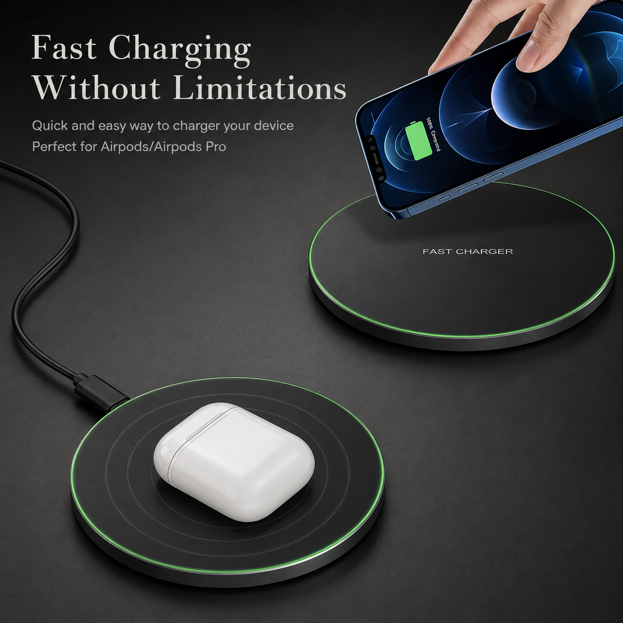 Premium Wireless Charging Pad Fast Qi Wireless Charger USB Type C Fast Charging LED Indicator Slim Induction Charging Dock Compatible with iPhone AirPods