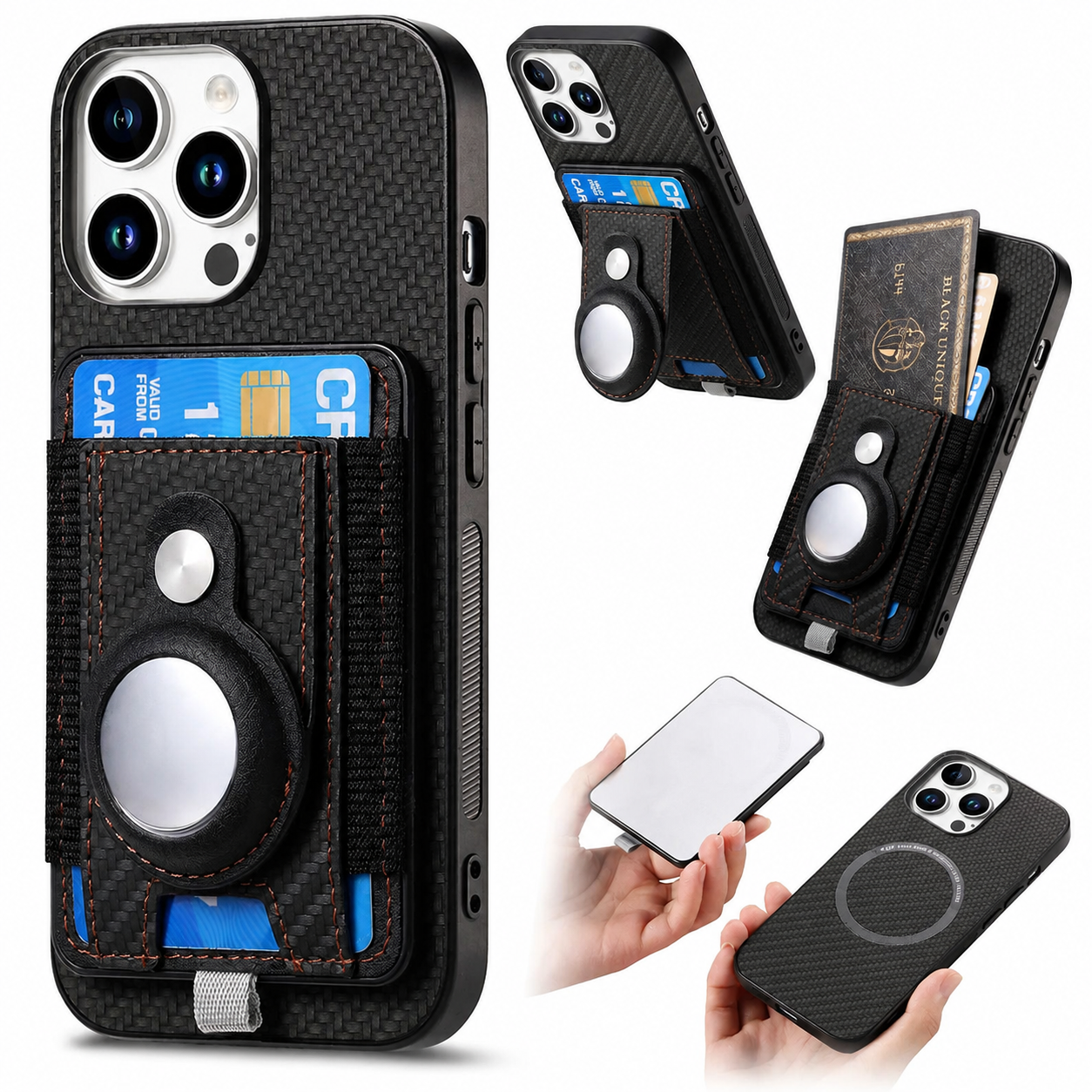 Premium iPhone Case 2-in-1 Detachable Wallet Cover PU Leather Magnetic Card Holder AirTag Holder Wireless Charging Stand Shockproof Protection Design