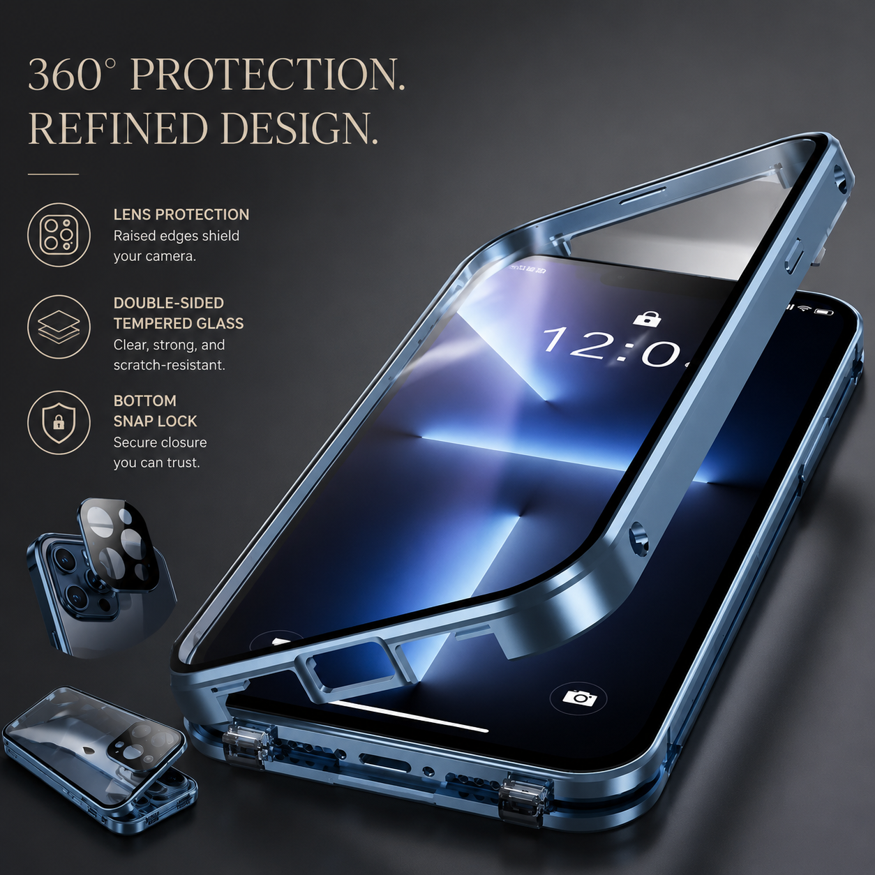 Premium iPhone Case 360° Full Body Magnetic Cover Metal Frame Double Glass Snap Lock Shockproof Protective Case MagSafe Compatible Design