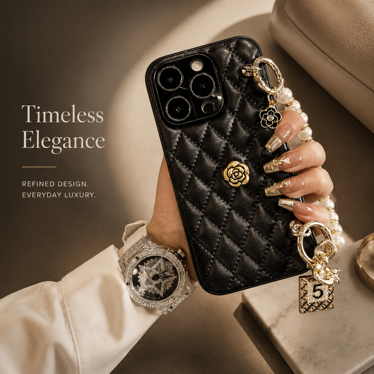 Premium iPhone Case 3D Camellia Floral Design Chain Strap Luxury Protective Cover Shockproof Slim Stylish Full Coverage Case
