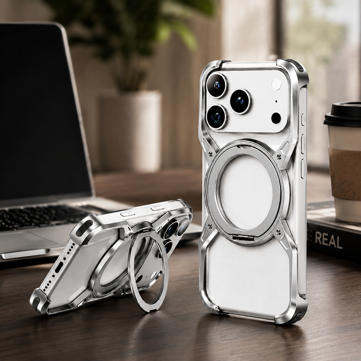Premium iPhone Case Aluminum Alloy Bumper MagSafe Compatible Magnetic Cover 360° Rotating Ring Stand Shockproof Camera Lens Guard