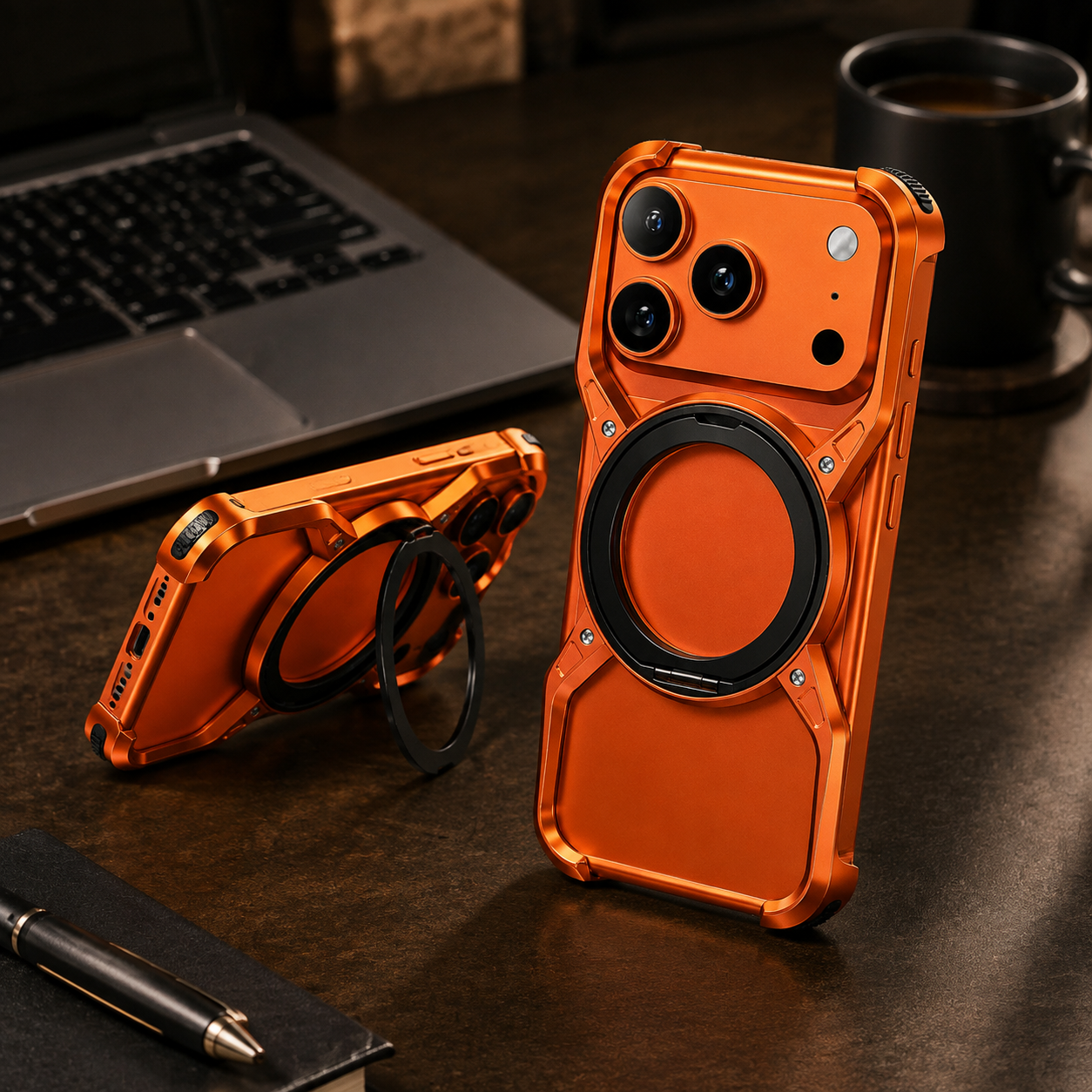 Premium iPhone Case Aluminum Alloy Bumper MagSafe Compatible Magnetic Cover 360° Rotating Ring Stand Shockproof Camera Lens Guard