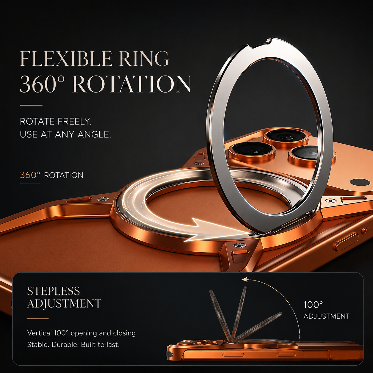 Premium iPhone Case Aluminum Alloy Bumper MagSafe Compatible Magnetic Cover 360° Rotating Ring Stand Shockproof Camera Lens Guard