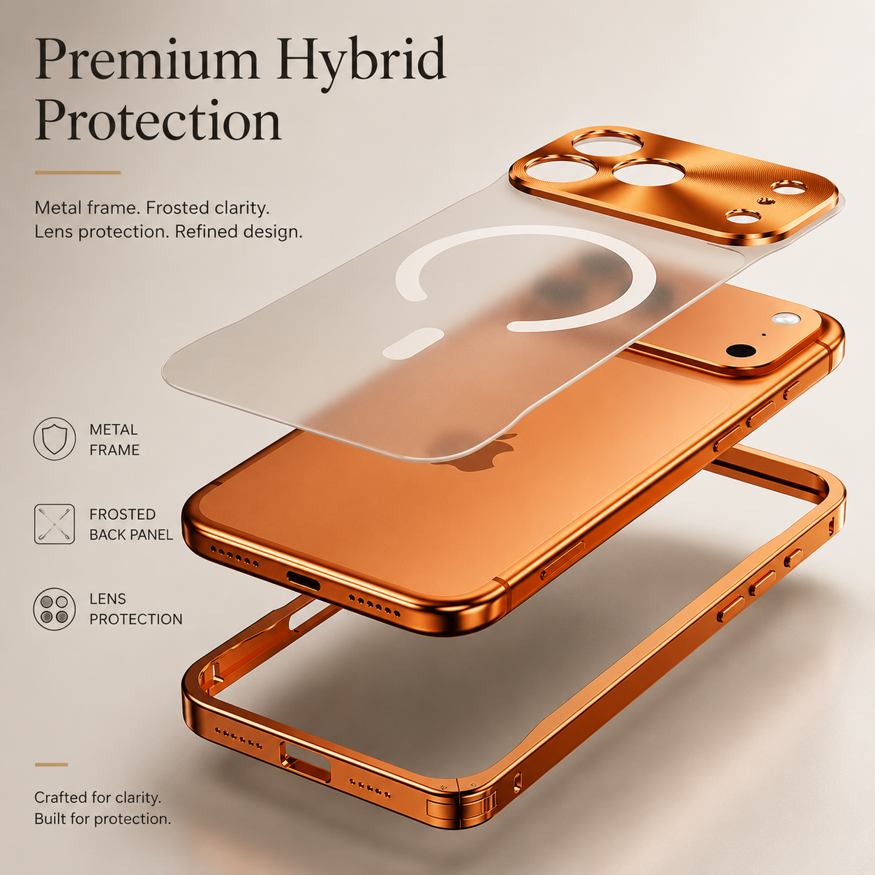 Premium iPhone Case Aluminum Alloy Frame MagSafe Compatible Magnetic Bumper Shockproof Protective Cover Matte Transparent Back Camera Lens Guard