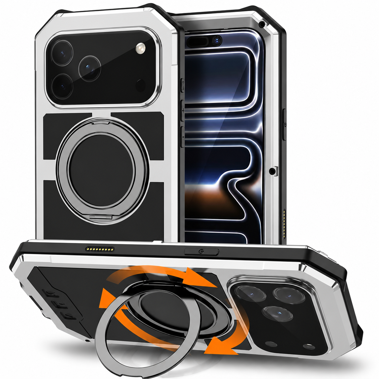 Premium iPhone Case Aluminum Armor MagSafe Compatible Protective Cover Built in Kickstand Glass Screen Protector Shockproof Bumper